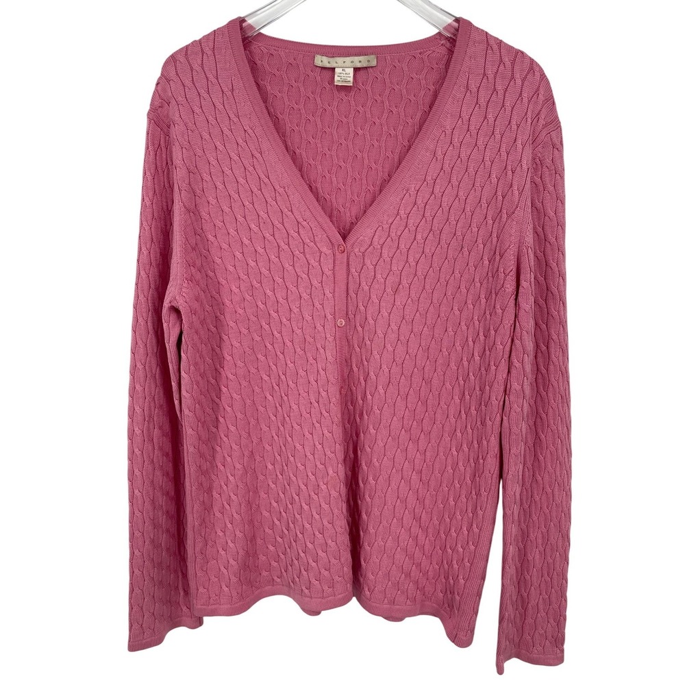 Belford Cardigan Sweater Womens XL 100% Silk Pink Cable Knit Preppy Classic
